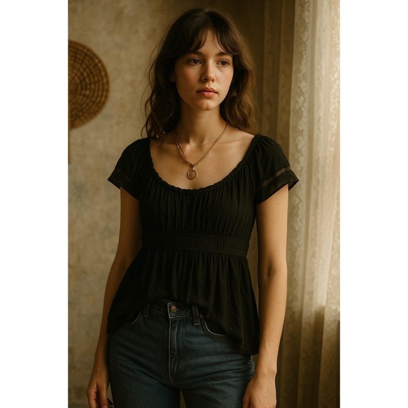 Vintage Y2K Black Babydoll Empire Waist Pleated Sheer Sleeve Top Balletcore M - Picture 2 of 8